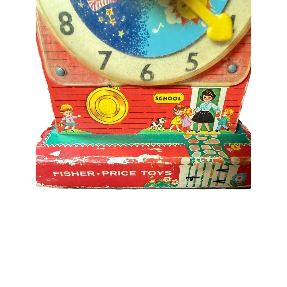 Vintage 1960s Fisher Price Music Box Teaching Clock 998 Wood Toy Red Schoolhouse